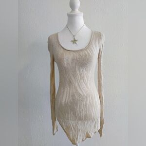 Express Cream Open Knit Distressed Pointelle Long Sleeve Top - M